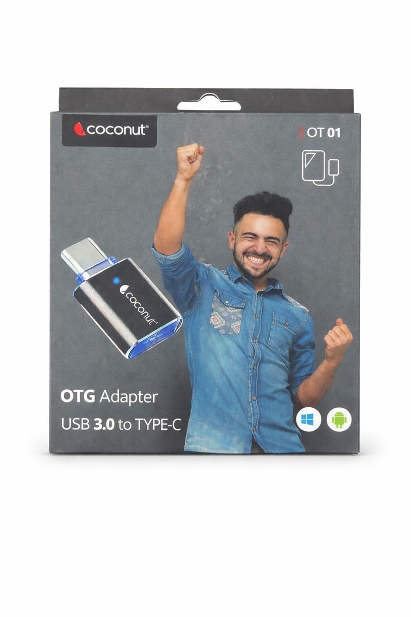 Coconut OT 01 USB 3.0 to Type-C OTG Adapter | High-Speed Aluminium OTG Converter with LED Indicator for Smartphones, Tablets &amp; Laptops